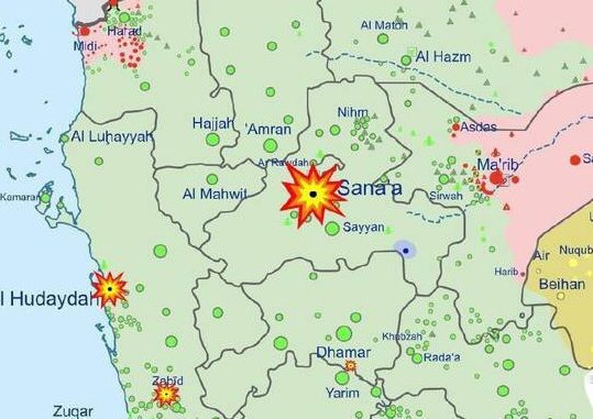 نقشه حملات هوایی آمریکا و انگلیس در یمن