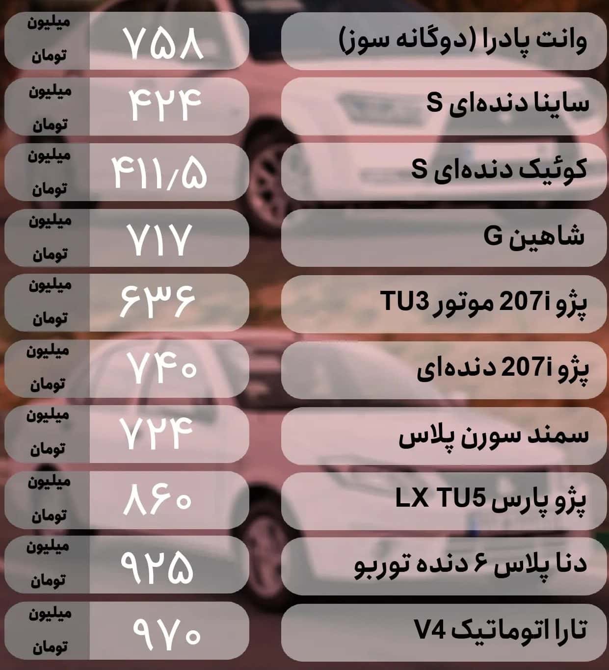 قیمت خودرو ۲۸ تیر
