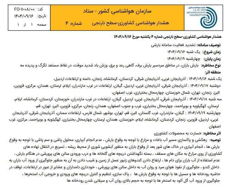 هشدار نارنجی هواشناسی به کشاورزان ۲۵ استان کشور